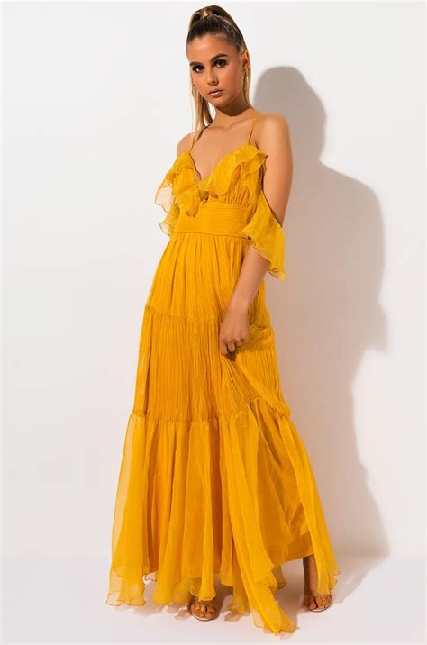 Akira Label Ruffle Sleeve Pleated Maxi Gown In Yellow Yellow Maxi