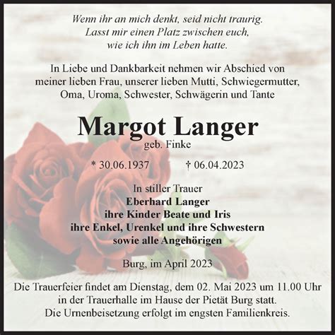 Traueranzeigen Von Margot Langer Abschied Nehmen De