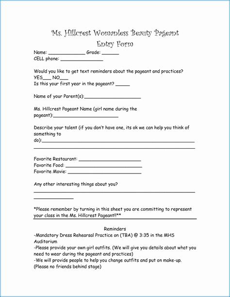 Blank Beauty Pageant Application Form Sample 3
