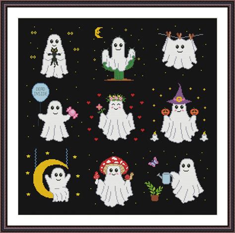 Cute Halloween Ghosts Set Of 9 Cross Stitch Pattern Pdf Etsy