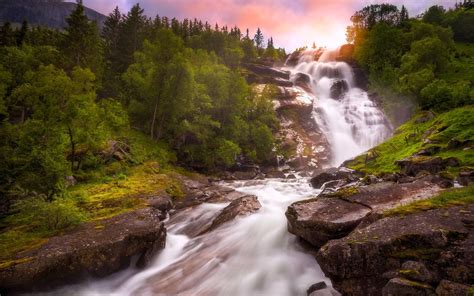 Norway, waterfall, river, trees, sunset wallpaper | nature and ...