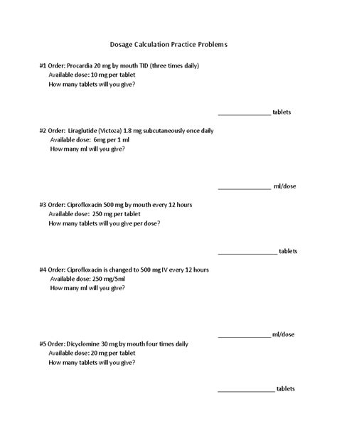 Dose Calc Practice 1 Dosage Calculation Practice Problems 1 Order Procardia 20 Mg By Mouth