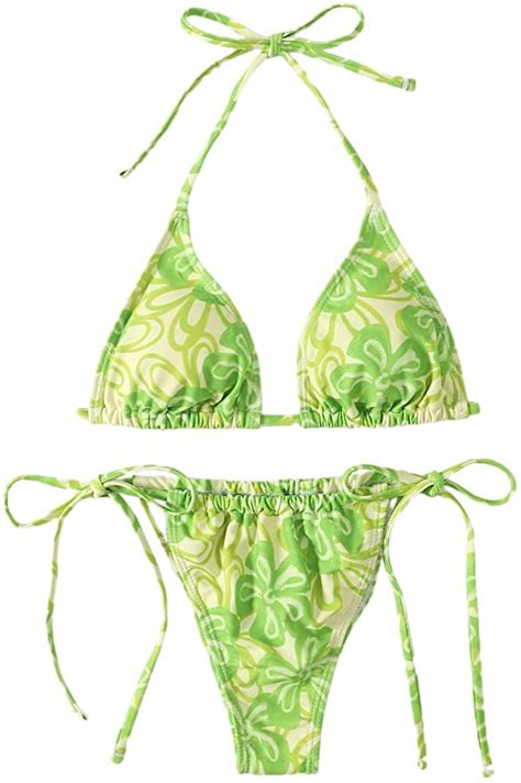 Soly Hux Women S Floral Print Halter Triangle Tie Side Bikini Set Two