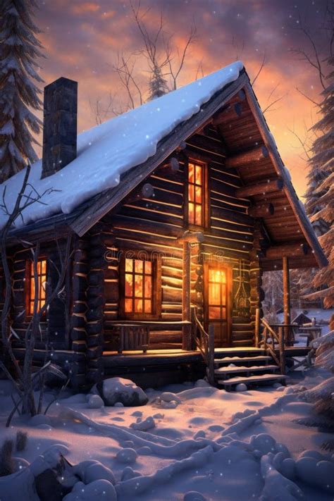 Snow-covered Log Cabin with Warm Glowing Windows Stock Illustration ...