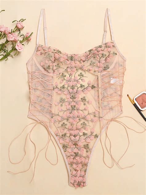 Pink V Neck Flower Embroidery Lace Bodysuit Choies