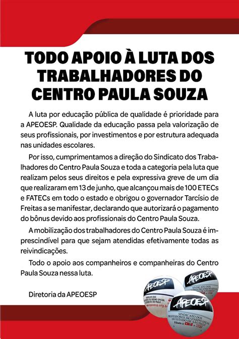 Entidade Irm Apeoesp Manifesta Apoio Luta Dos Trabalhadores Do