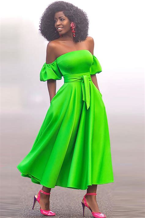 Off Shoulder Puff Sleeve Tied Waist Elegant Midi Dresses