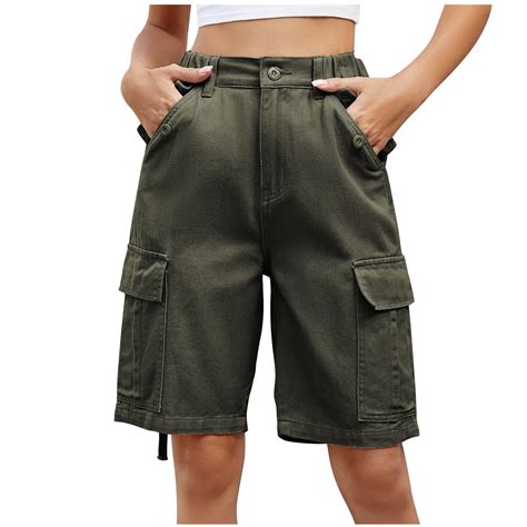 Faiwad Womens Cargo Shorts Elastic Waist Straight Leg Shorts With Multi Pockets Baggy Knee