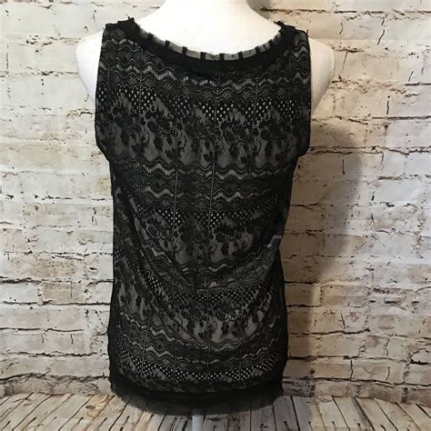 Cabi Emily Top Style Black Nude Lace Overlay Sleeveless Tank Bow