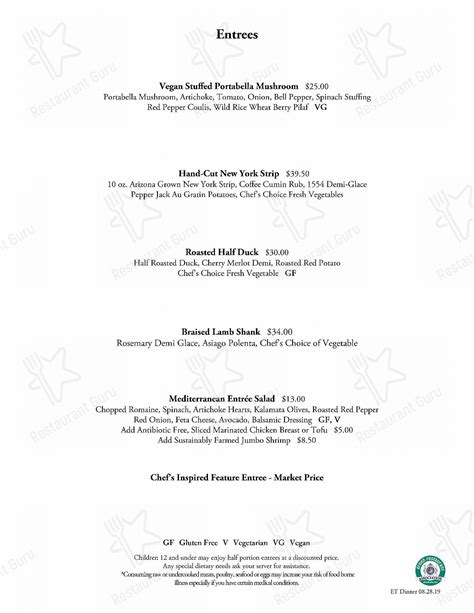 Menu at El Tovar Dining Room pub & bar, Grand Canyon Village, 1 El Tovar Rd