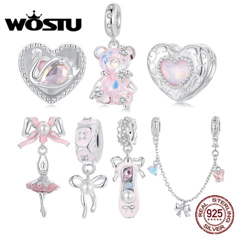 Wostu Sterling Silver Princess Pink Bear Bead Ballet Girl Charm