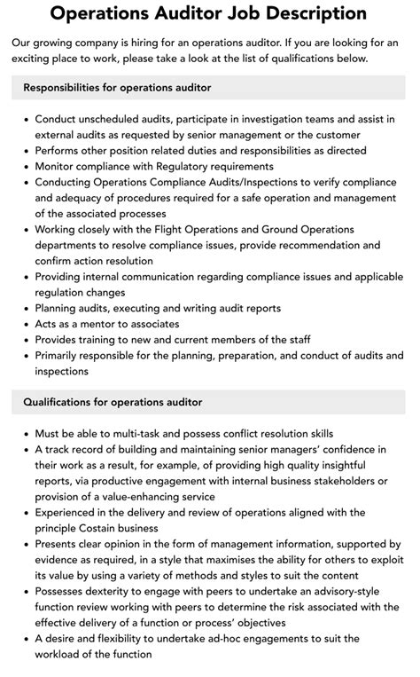 Operations Auditor Job Description Velvet Jobs