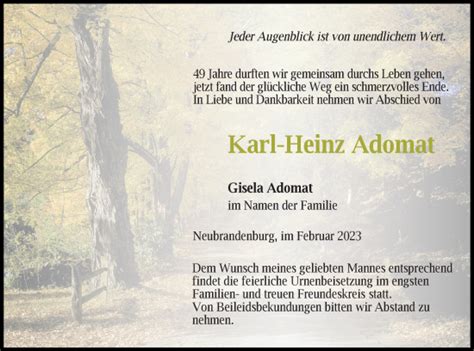 Traueranzeigen Von Karl Heinz Adomat Trauer Nordkurier