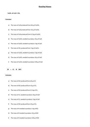 Reacting Masses Amounts Of Substances Calculations Worksheet Teaching Resources