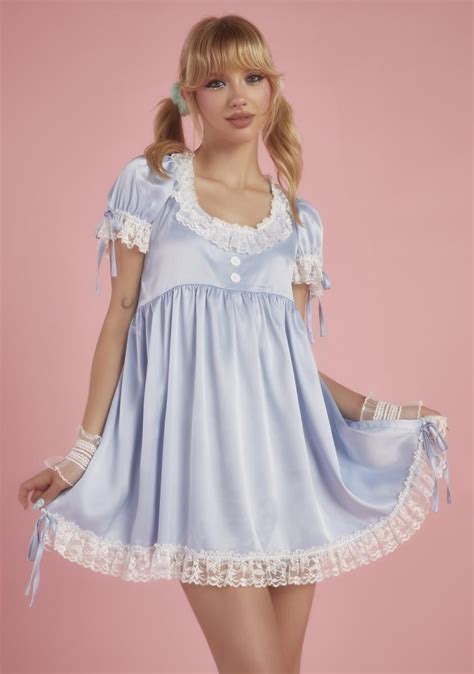 Sugar Thrillz Satin Lace Ruffle Babydoll Dress Blue Babydoll Dress