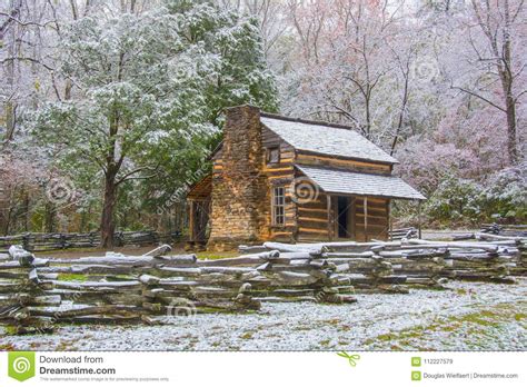 Cades Cove John Oliver Cabin In Early Snow Stock Image Image Of Fence