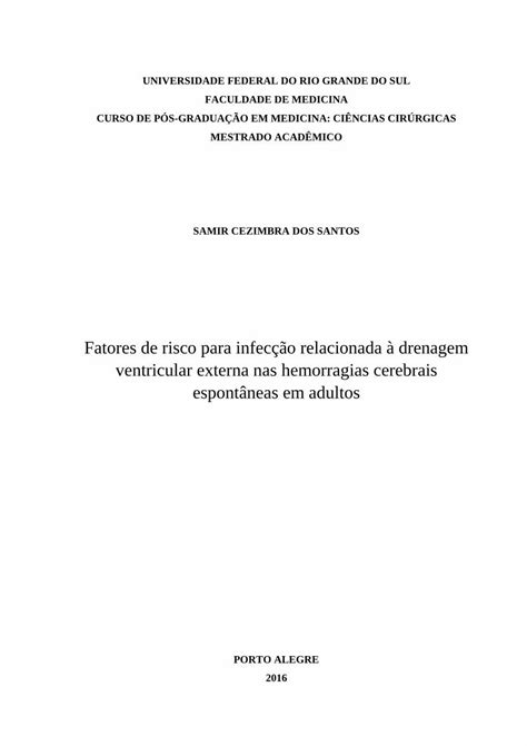 PDF Fatores de Risco para Infecção relacionada a Drenagem PDFSLIDE NET