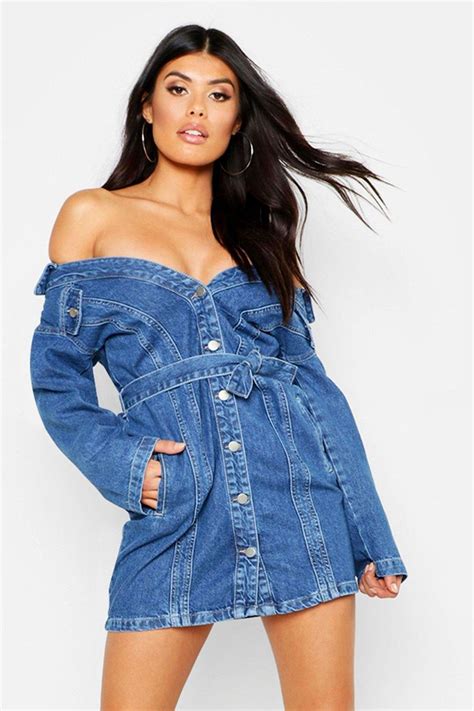 Off The Shoulder Belted Denim Dress Belted Denim Dress Denim Attire