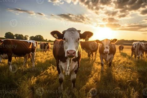 Cows grazing at sunset on a farm. 28643051 Stock Photo at Vecteezy