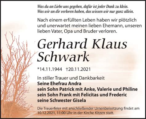 Traueranzeigen Von Gerhard Klaus Schwark Trauer Anzeigen De