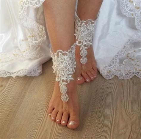 Ivory Barefoot Silver Frame French Lace Sandals Wedding Anklet