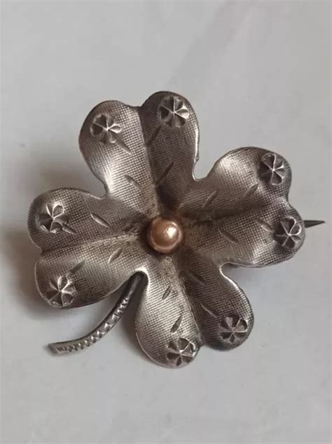 BROCHE PORTE BONHEUR Art Nouveau Trèfle à 4 Feuilles Argent Massif