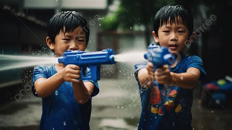 兩個男孩在玩藍色水槍 水槍兄弟 高清攝影照片背景圖片和桌布免費下載