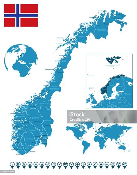 ノルウェー 都市地域世界地図と地球上の位置と詳細な青い国の地図インフォグラフィックアイコン アイコンのベクターアート素材や画像を多数ご用意