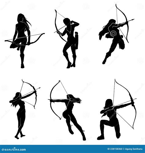 Collection Of Female Archer Warrior Silhouette Vector Collection On