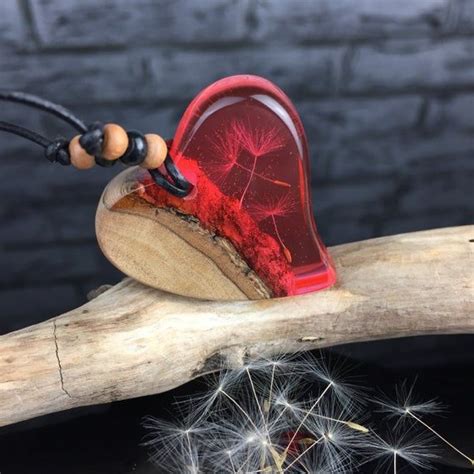 Bestseller Heart Resin Wood Necklace Red Dandelion Herz Harz Etsy