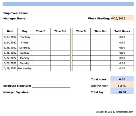 Free Timesheet Templates For Excel Pdf Word Fillable Form