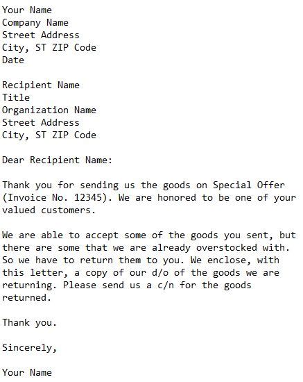 Letter Returning Offered Goods | 101 Business Letter