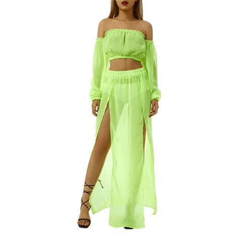 Zaxarra Women Two Piece Off Shoulder Crop Tops Split Skirt Beach Bikini