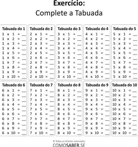 Tabuada De Multiplica O Para Completar