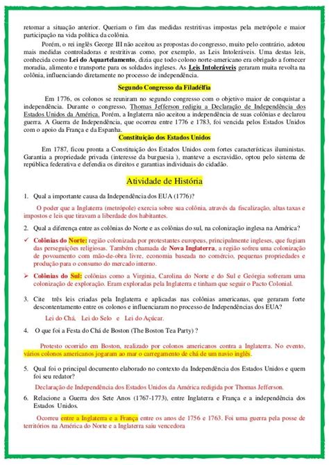 Independência dos Estados Unidos Texto e atividade Independencia