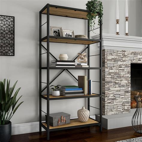 Lavish Home 5 Tier Bookshelf Open Industrial Style Etagere Wooden Shelving Unit Rustic