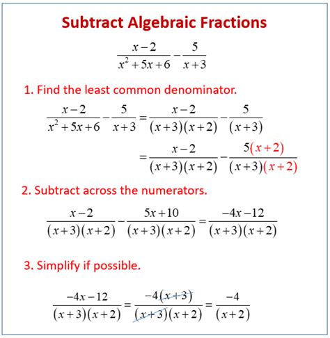 Subtracting Algebraic Fractions Examples Videos Worksheets