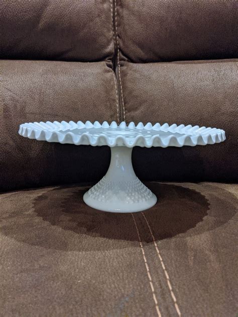 Fenton White Milk Glass Hobnail Pedestal Cake Stand Plate Ruffled Edge