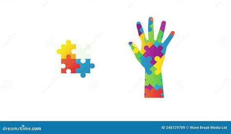 Image Of Autism Colourful Puzzle Pieces Forming Hand And Square On