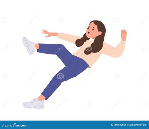 Unhappy Slipped Tripped Girl Kid Cartoon Character Falling Down On Walk