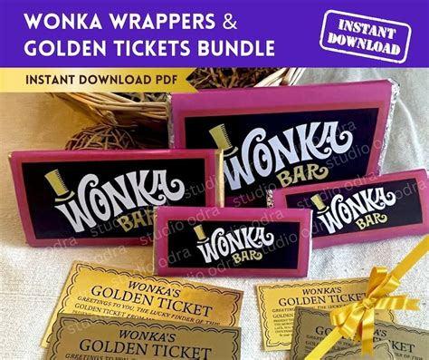 Wonka Bar Chocolate Wrapper Golden Ticket Download Pdf Diy Halloween Costume Party Favor Fits