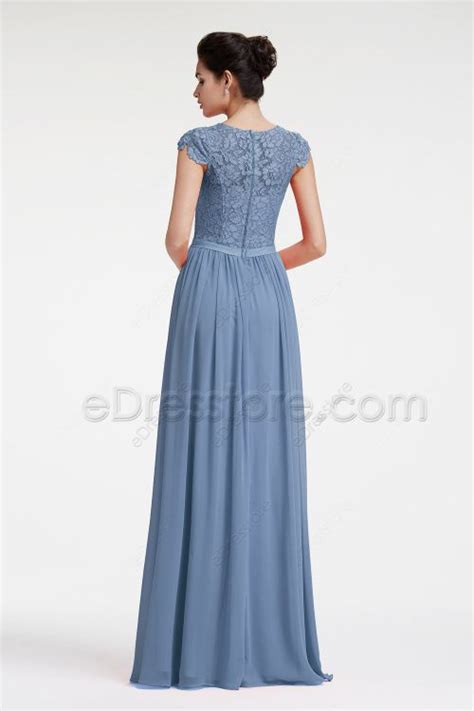 Modest Periwinkle Bridesmaid Dresses Lace Top With Sleeves Edresstore