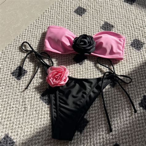 Sexy D Flower Bandeau Swimwear Thong Bikini Women Swimsuits