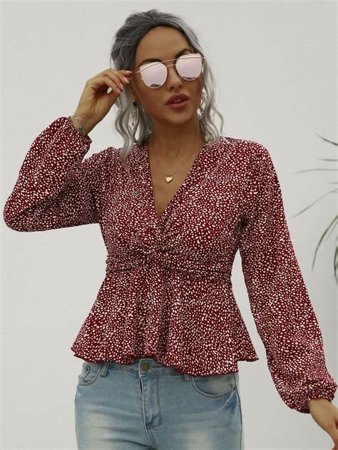 Dalmatian Print Twist Peplum Blouse Blouse Outfit Casual Women