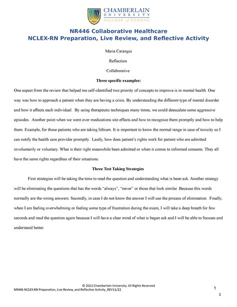 Nclex Review Reflection 1 NR446 Collaborative Healthcare NCLEX RN