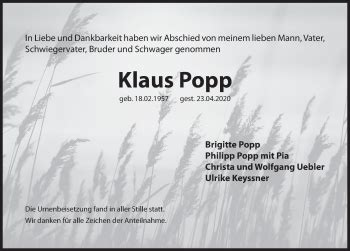 Traueranzeigen Von Klaus Popp Gemeinsamtrauern N Land