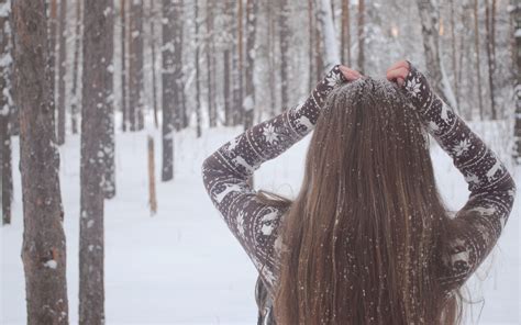 Wallpaper Forest Women Long Hair Snow Winter Ice Sweater