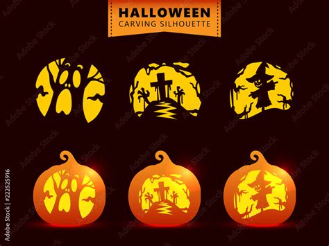 Set of silhouette pumpkin carving character template. spooky tree ...