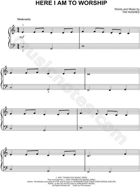 Tim Hughes Here I Am To Worship Sheet Music Easy Piano Piano Solo