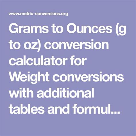 Grams To Ounces G To Oz Conversion Calculator For Weight Conversions With Additional Tables